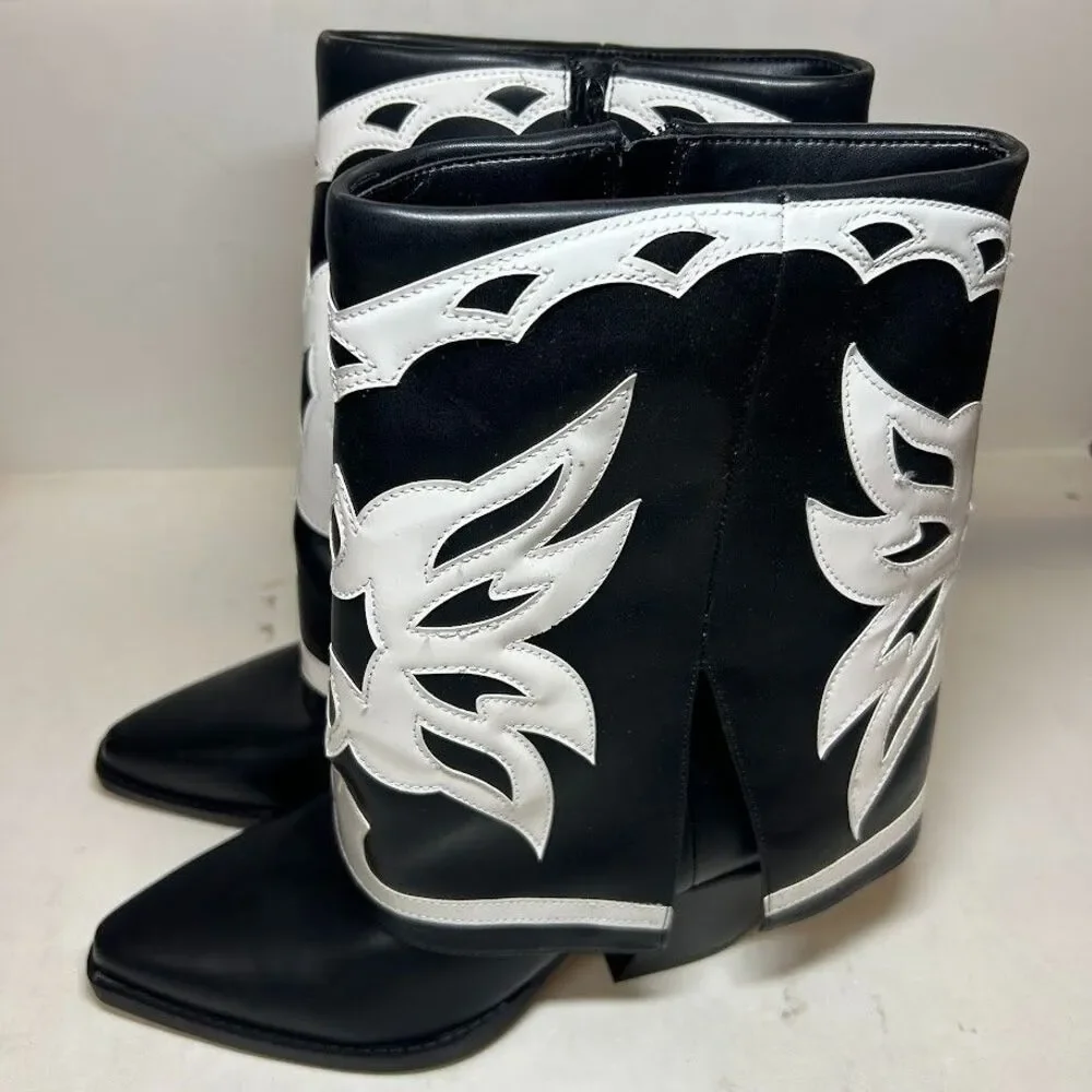 INC Womens 7.5 M Black White Smooth Jadiza Western High Heel Boots DISPLAY QJ9